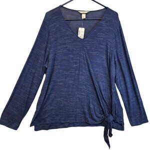 CJ Banks Womens V-Neck Long Sleeve Side Tie Top 1X Blue Heathered New